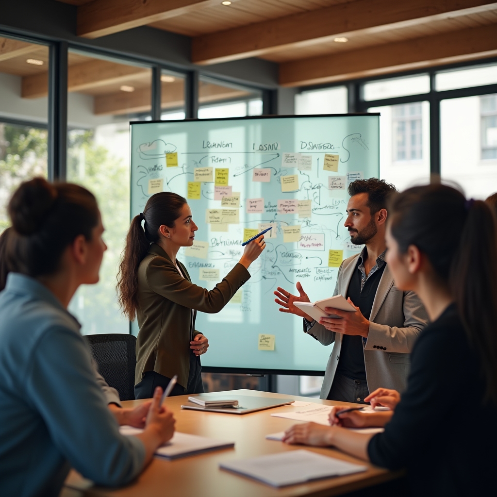 Skupina analytiků diskutuje nad tabulí s poznámkami během pracovního workshopu